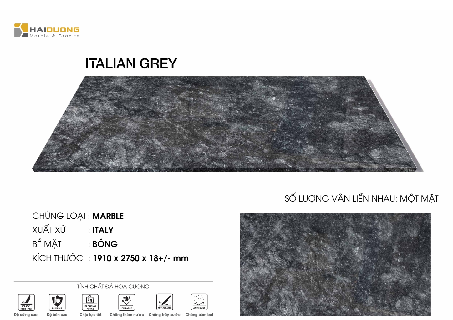 Mẫu đá Marble Italian Grey tự nhiên màu xám đậm với hệ vân mây loang sang trọng.