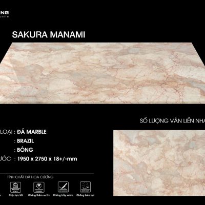 Đá Marble Sakura Manami nhập khẩu Brazil với vân cam hồng sang trọng.
