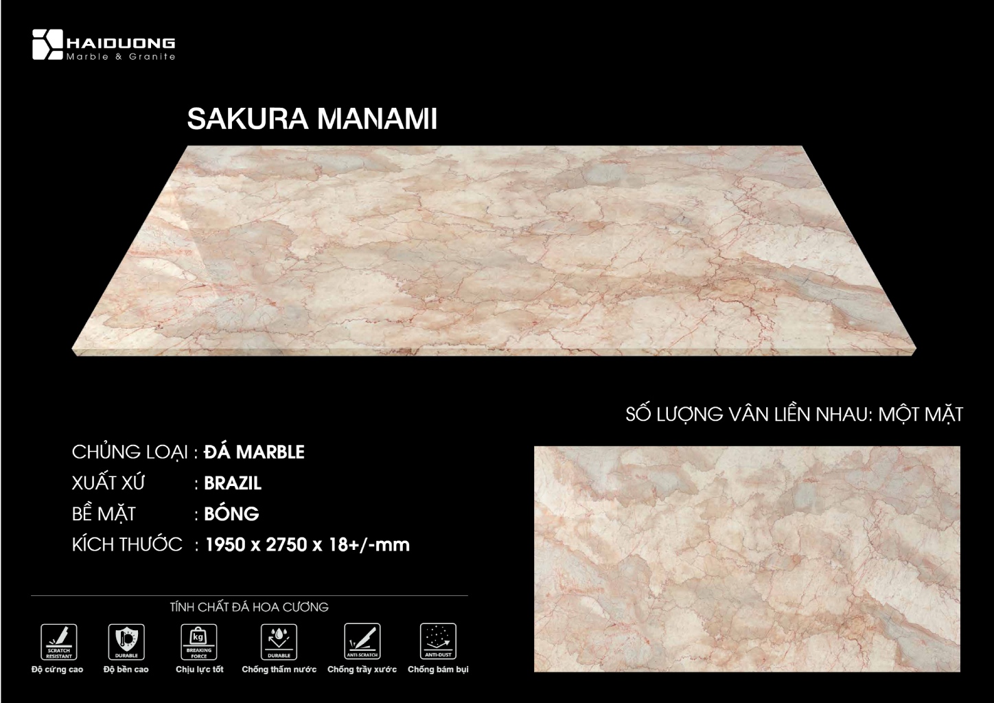 Đá Marble Sakura Manami nhập khẩu Brazil với vân cam hồng sang trọng.