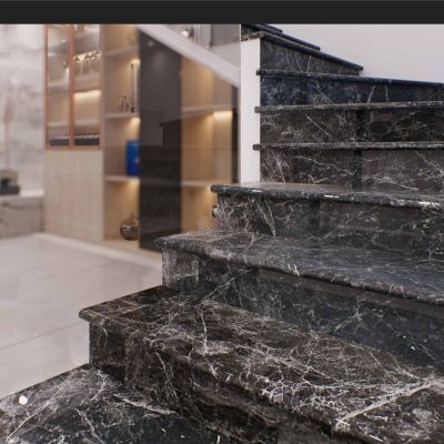 Ứng dụng đá Marble Hermes Grey ốp cầu thang sang trọng