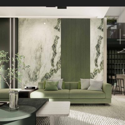 Mẫu tranh đá Ireland Green xuyên sáng ốp vách phòng khách sang trọng.
