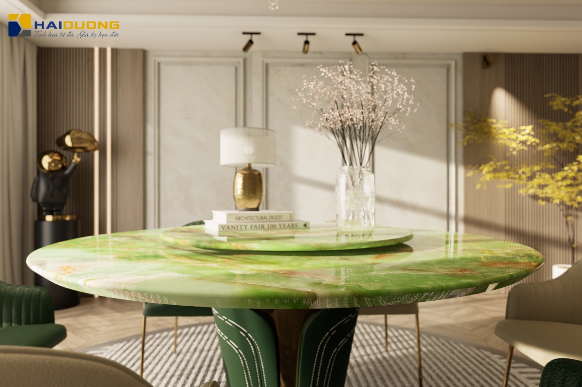 Bàn ăn đá Cyan Onyx sang trọng phù hợp không gian biệt thự cao cấp