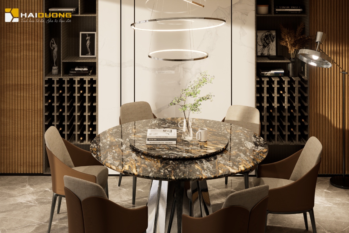 Bộ bàn ăn đá Platinum Diamond luxury trong không gian hiện đại
