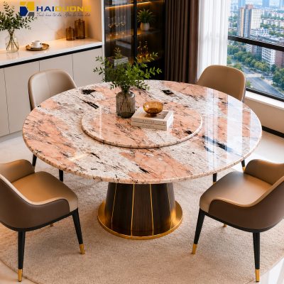 Mặt bàn ăn đá hoa cương Alaska Pink màu hồng vân mây nhẹ nhàng cho phòng ăn