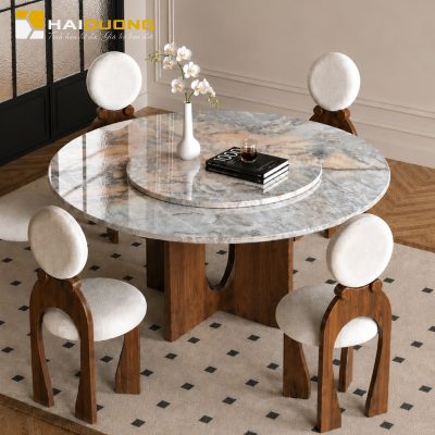 Mặt bàn ăn tròn bằng đá tự nhiên Aurora Beige sang trọng