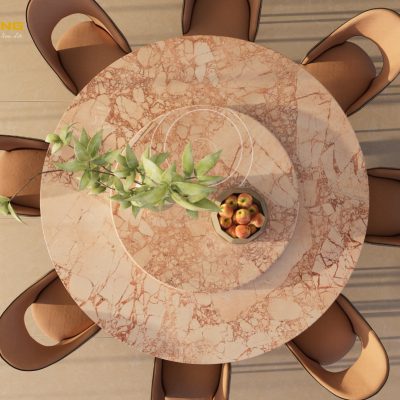 Chi tiết mặt bàn ăn đá BVLGari Pink và hệ vân marble tự nhiên.