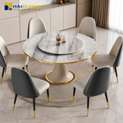 Mặt bàn ăn tròn bằng đá tự nhiên Calacatta Grey tạo nên sự sang trọng cho không gian