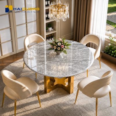 Mặt bàn ăn tròn bằng đá tự nhiên Calacatta Grey tinh tế