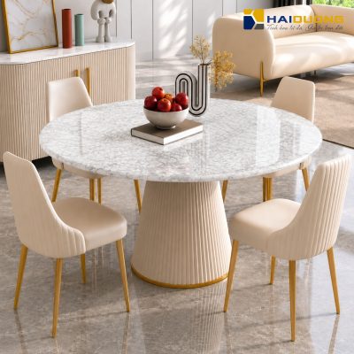 Mặt bàn ăn tròn bằng đá tự nhiên Carrara White dành cho không gian luxury