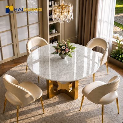 Mặt bàn ăn tròn bằng đá tự nhiên Carrara White tinh tế