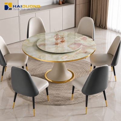 Mặt bàn ăn tròn bằng đá tự nhiên Cyan Onyx tạo nên sự sang trọng cho không gian