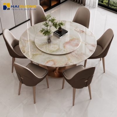Mặt bàn ăn tròn bằng đá tự nhiên Cyan Onyx với vân đá độc nhất