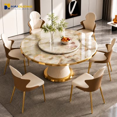 Mặt bàn ăn tròn bằng đá tự nhiên Cyan Onyx phong cách hiện đại