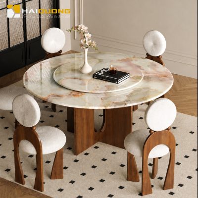 Mặt bàn ăn tròn bằng đá tự nhiên Cyan Onyx sang trọng