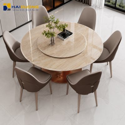 Mặt bàn ăn tròn bằng đá tự nhiên Daino Beige với vân đá độc nhất