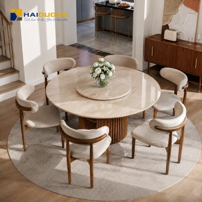 Mặt bàn ăn tròn bằng đá tự nhiên Daino Beige phong cách tối giản