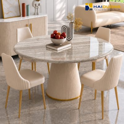Mặt bàn ăn tròn bằng đá tự nhiên Palis Sandro White dành cho không gian luxury