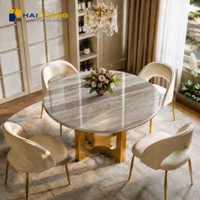 Mặt bàn ăn tròn bằng đá tự nhiên Palis Sandro White tinh tế