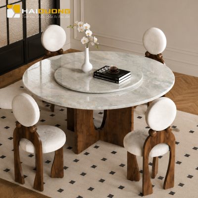 Mặt bàn ăn tròn bằng đá tự nhiên Picasso Onyx White sang trọng