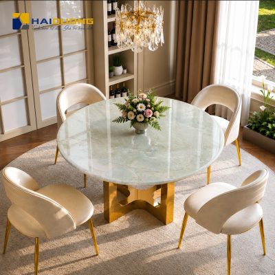 Mặt bàn ăn tròn bằng đá tự nhiên Picasso Onyx White tinh tế