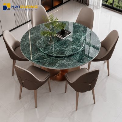 Mặt bàn ăn tròn bằng đá tự nhiên Prada Green với vân đá độc nhất