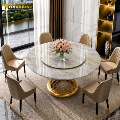 Mặt bàn ăn tròn bằng đá tự nhiên Sea Onyx với vẻ đẹp kiêu sa