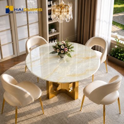 Mặt bàn ăn tròn bằng đá tự nhiên White Onyx tinh tế