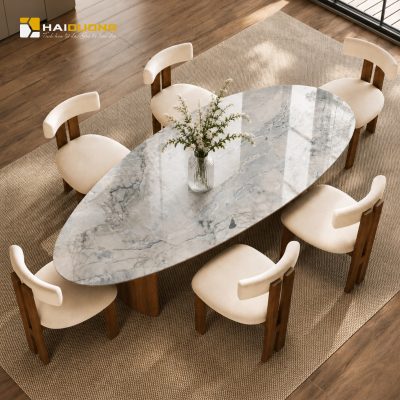 Mặt bàn ăn hình hột xoài đá tự nhiên xuyên sáng Picasso Onyx White cao cấp