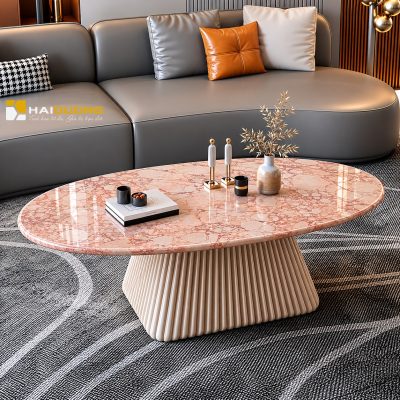 Bàn sofa phòng khách hình elip bằng đá tự nhiên màu hồng sang trọng