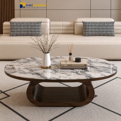 Bàn sofa phòng khách hình elip bằng đá tự nhiên Bvlgari White