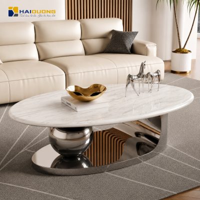 Bàn sofa phòng khách hình elip bằng đá tự nhiên Volakas Vân Nhạt