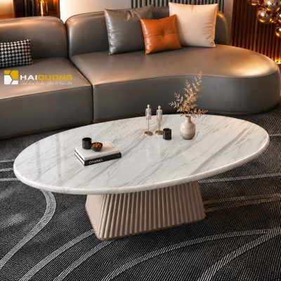 Bàn sofa phòng khách hình elip bằng đá trắng tự nhiên Volakas Vân Nhạt sang trọng