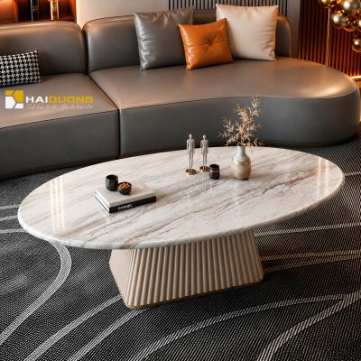 Bàn sofa phòng khách hình elip bằng đá tự nhiên Volakas Vân Đậm sang trọng