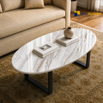 Bàn sofa phòng khách hình elip bằng đá trắng vân mây Volakas sang trọng