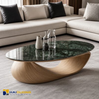Mặt bàn sofa hình elip bằng đá tự nhiên Xanh Napoli cao cấp sang trọng.