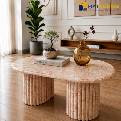 Mặt bàn sofa hình oval bằng đá tự nhiên BVLGARI PINK cao cấp sang trọng.