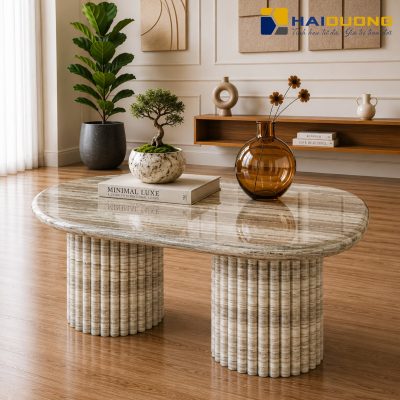 Mặt bàn sofa dáng oval bằng đá tự nhiên Palis Sandro White vân gỗ sang trọng.