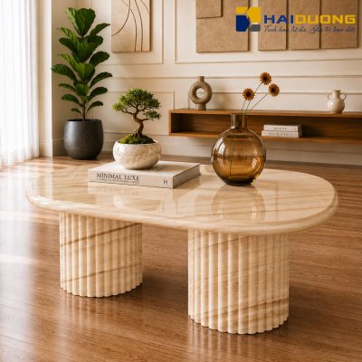 Mặt bàn sofa hình oval bằng đá tự nhiên Sand Stone cao cấp sang trọng.