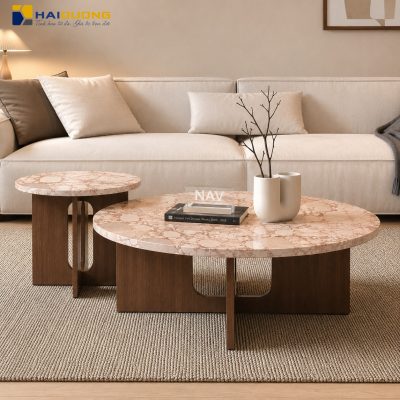 Mặt bàn trà tròn đá marble màu hồng Bvlgari Pink phong cách tối giản