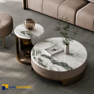 Mặt bàn trà tròn đá marble màu xanh lục bảo Ireland Green sang trọng