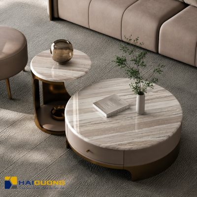 Mặt bàn sofa hình tròn đá tự nhiên Palis Sandro White