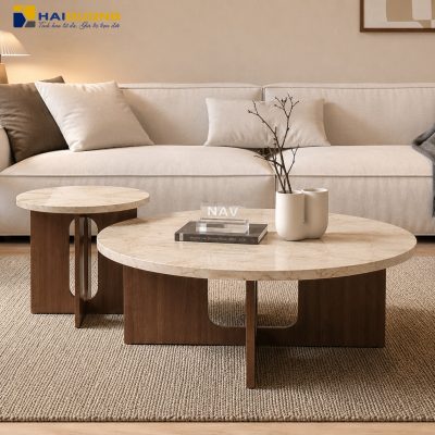 Mặt bàn trà tròn đá marble màu kem hồng Rosa Light phong cách tối giản