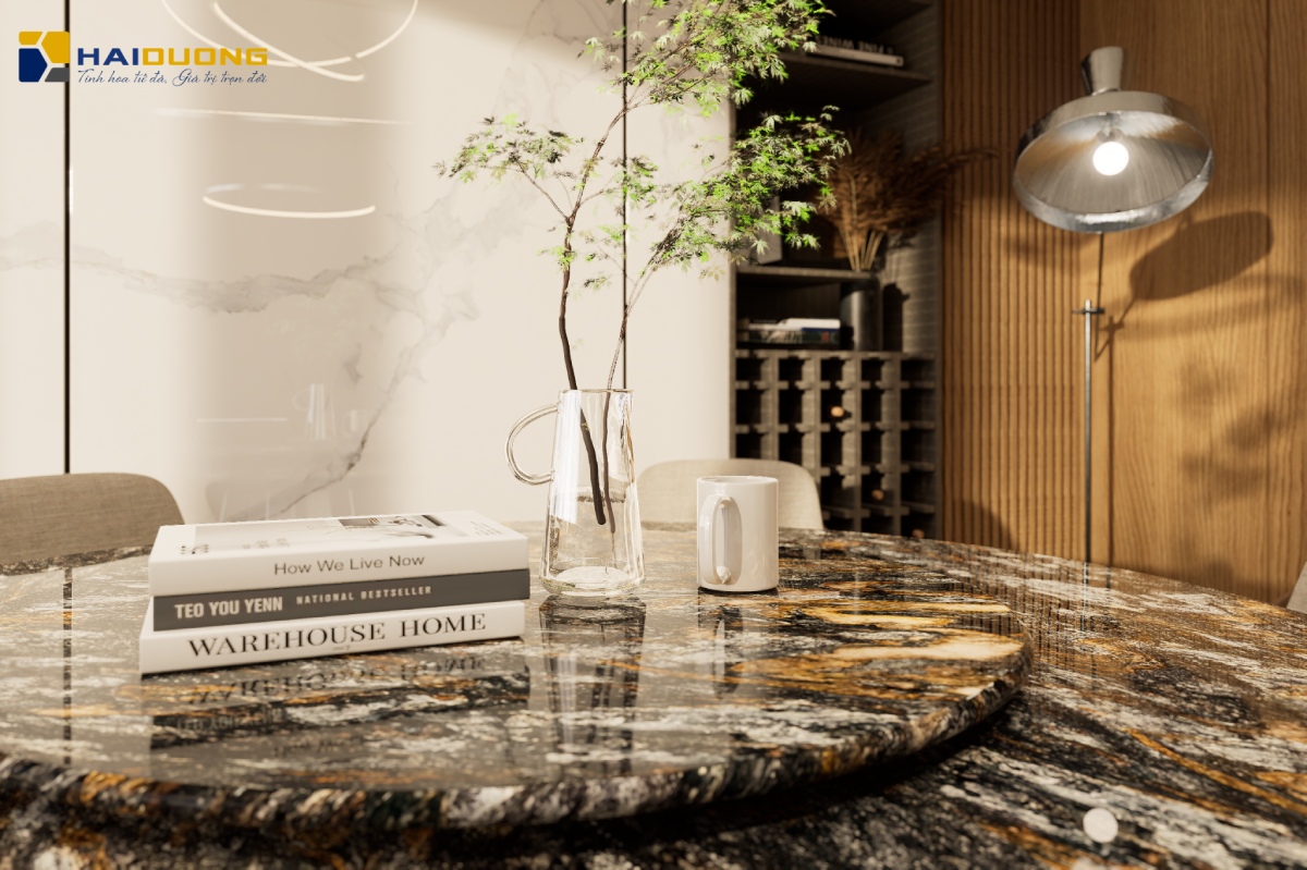 Thiết kế phòng ăn đẳng cấp thượng lưu với mặt bàn ăn đá Platinum Diamond