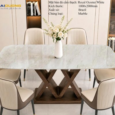 Mặt Bàn Ăn Bằng Đá Marble Tự Nhiên Xuyên Sáng Royal Oyster White
